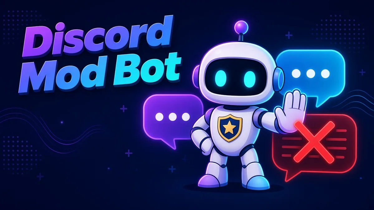 Discord Mod Bot cover: a robot with a shield badge blocking a red-crossed chat message