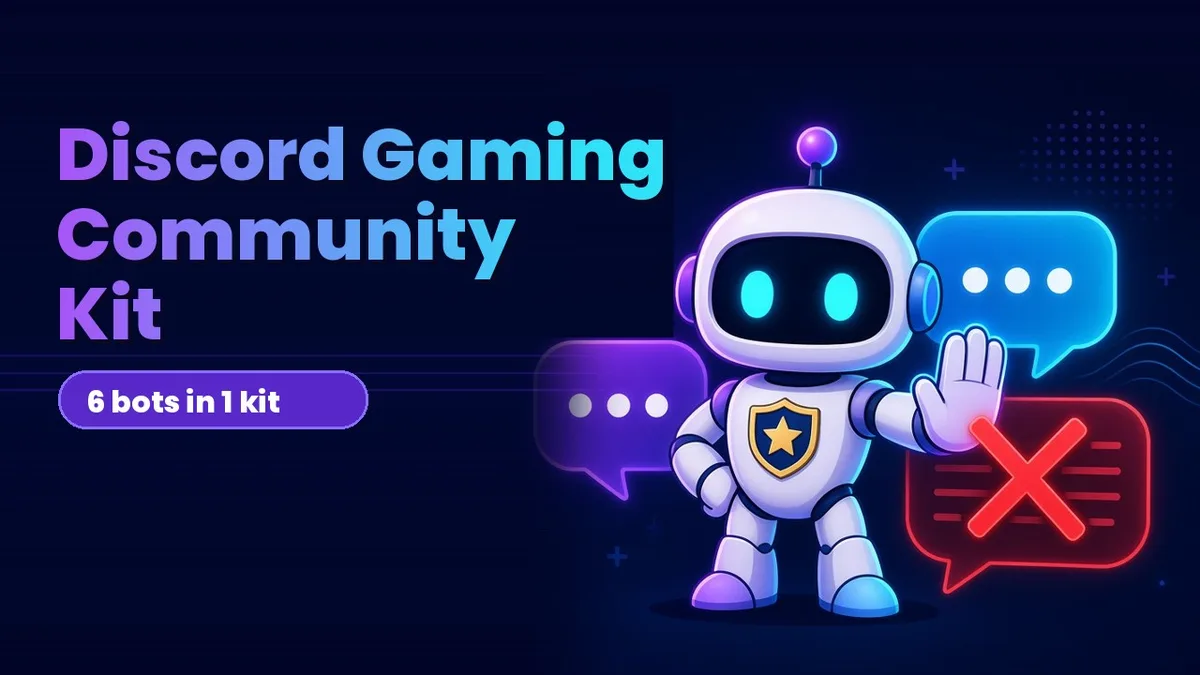 Discord Gaming Community Kit cover: a shield-badge robot blocking spam beside chat bubbles, titled Discord Gaming Community Kit