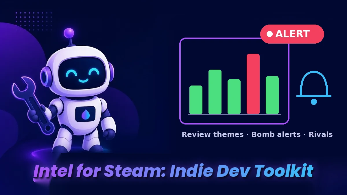 Intel for Steam cover: a robot beside a review bar chart with one red spike, an ALERT badge and a notification bell