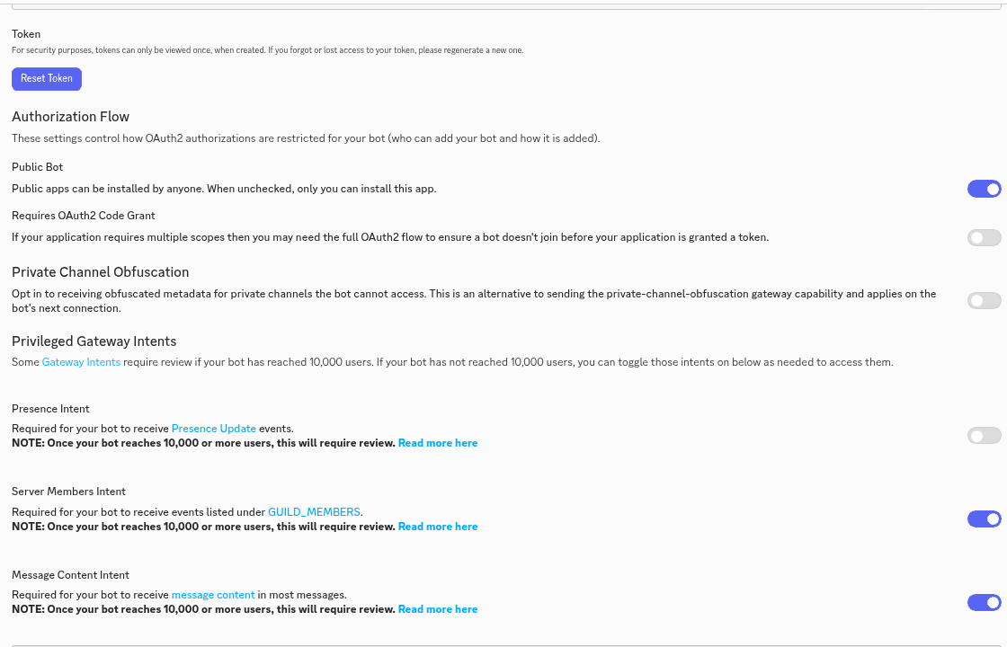 Discord Developer Portal, Bot page with Reset Token and the two intent switches