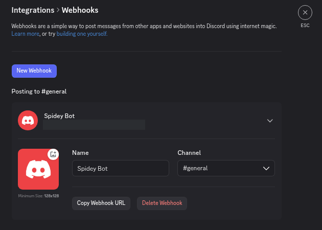 Discord channel settings, Integrations → Webhooks → Copy Webhook URL