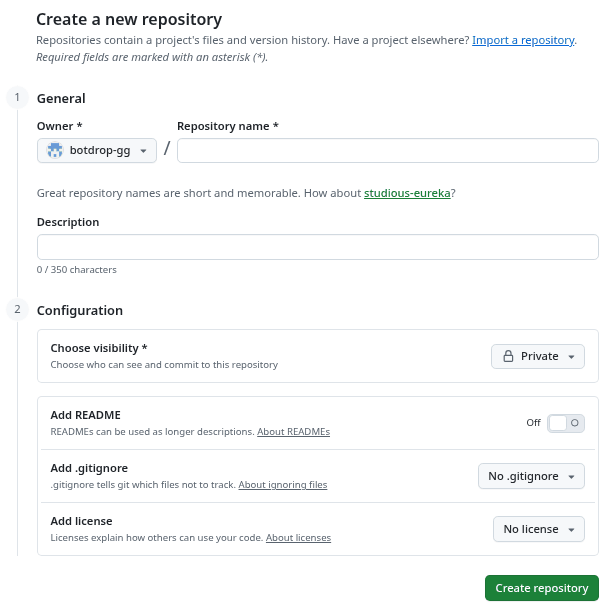 GitHub new repository form with Private selected
