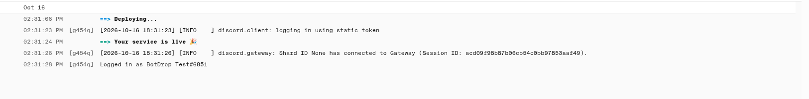 Render Logs tab showing the bot running