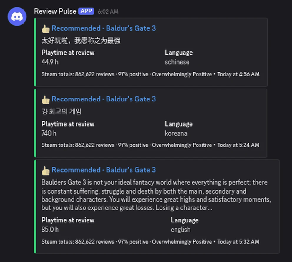 Review Pulse in a Discord channel: three new Baldur&rsquo;s Gate 3 reviews, each with a thumbs-up, an excerpt, playtime at review, language and Steam&rsquo;s totals